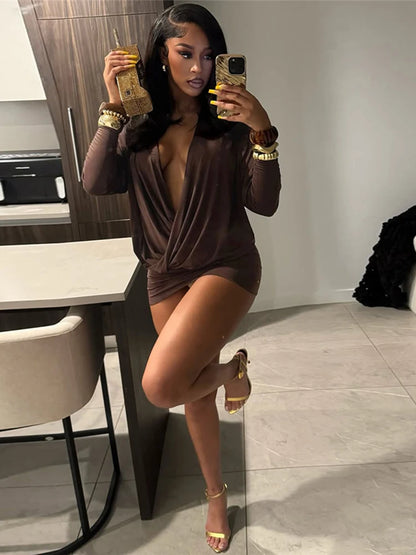 Sisterlinda Women's Elegant Deep V-Neck Mini Dress Full Sleeve Skinny Peach Hip Midnight Club Party Sexy Fashion Solid Bodycon