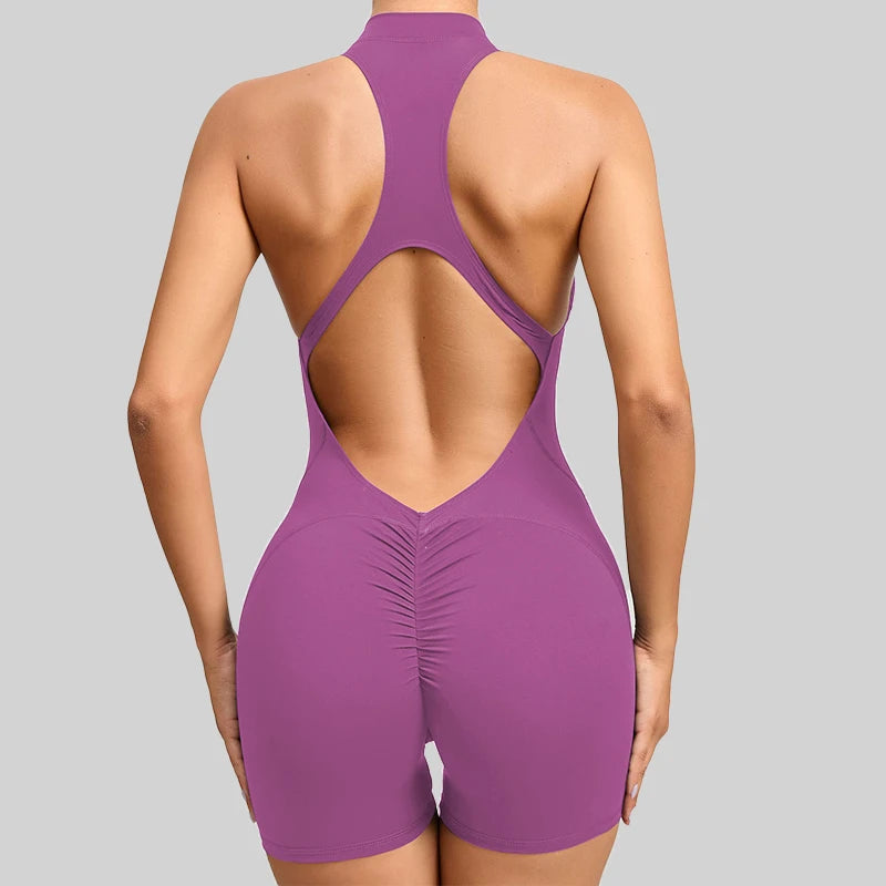 Back V Scrunch Jumpsuits Gym Short One-Piece Suit Yoga Set Push Up Zipper Workout Rompers Fitness Sexy Sports Bodysuit Female