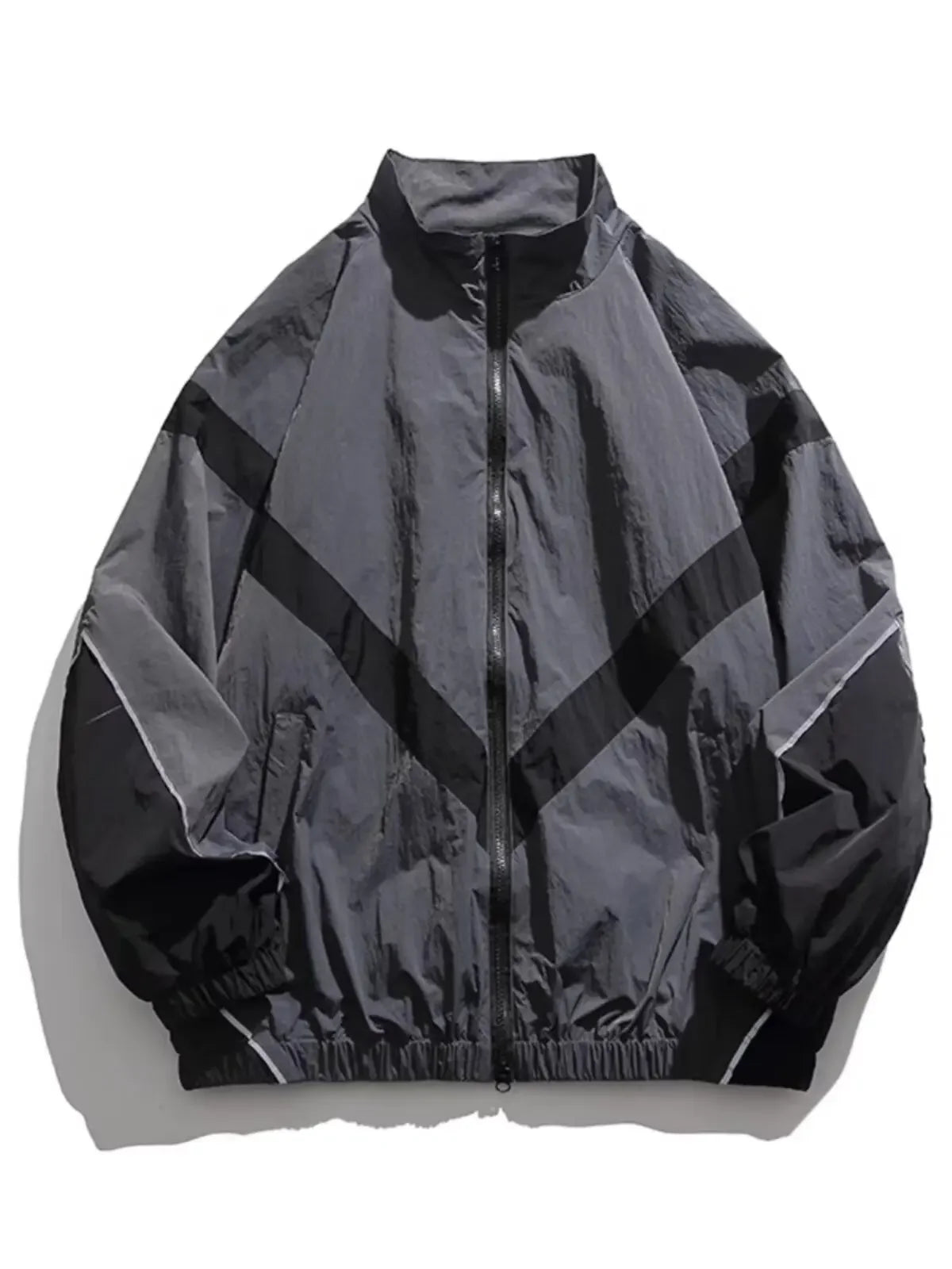 Trendy American Style Zippered Hooded Jacket Men's Loose Fit Casual Autumn Fashion Thin Jacket Reflective Patchwork Stand Collar