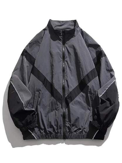 Trendy American Style Zippered Hooded Jacket Men's Loose Fit Casual Autumn Fashion Thin Jacket Reflective Patchwork Stand Collar