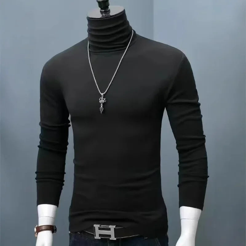 Slim Fit High Collar Long Sleeve Men's Base Shirt Inner Wear Simple Pure Color Large Size Warm Autumn Winter T-shirt Trendy Bran