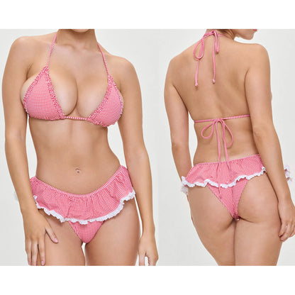 Combhasaki Women 2Piece Bikini Set Fashion Lace-up Halter Neck Frill Trim Padded Bra + Thong Skirt Swimsuits Summer Bathing Suit