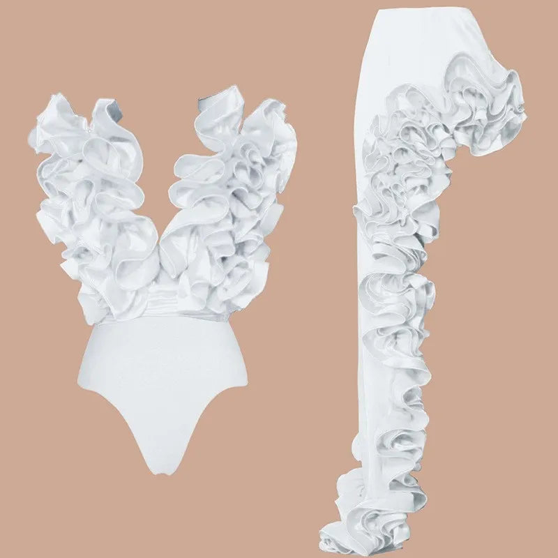 Bikini Bodysuit Swimwear Women With Skirt Bathing Suit Summer New Ruffle Splice Print Beachwear Holiday Bikini Cover Ups Outfits