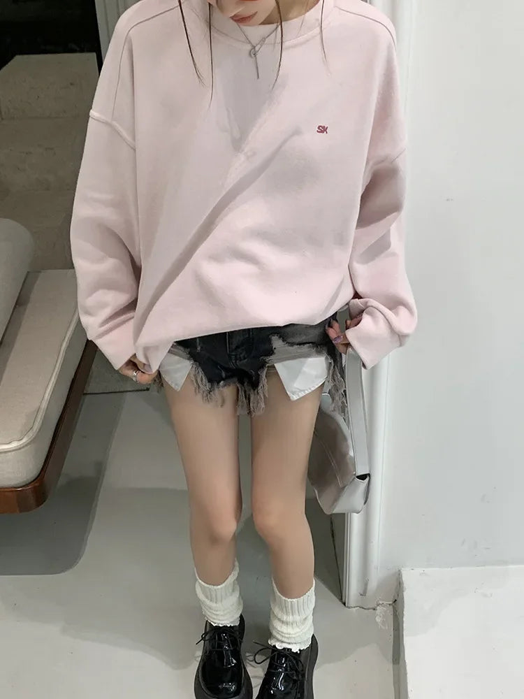Light Pink Lettered Oversized Shoulder Sweatshirt Women's Full Sleeve round Neck Spring Autumn New Style Comfortable Casual Top