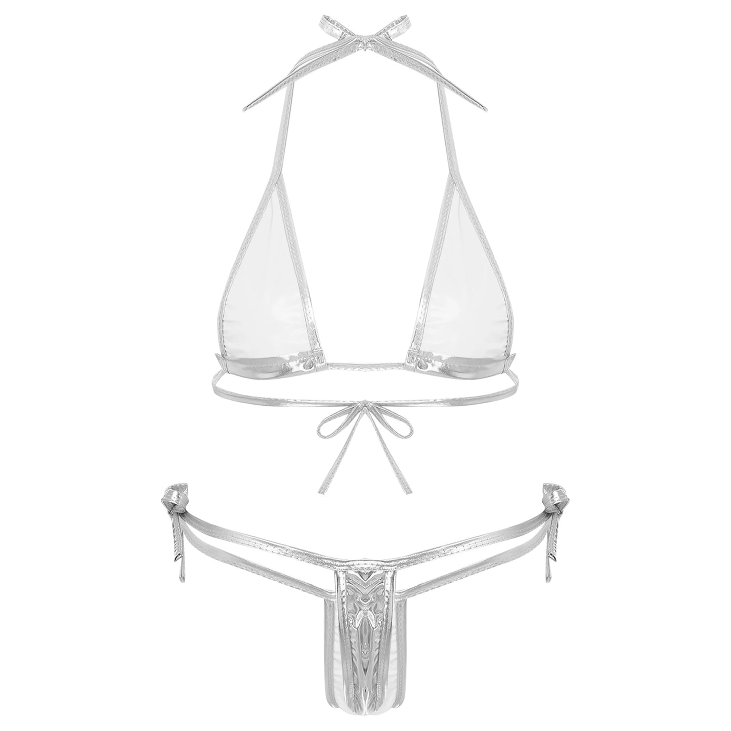 Womens Brazilian Micro Bikini Swimsuit Biquini Set Lacing Non-Padded Triangle Cup Bra Top with G-String Metallic Shiny Swimwear