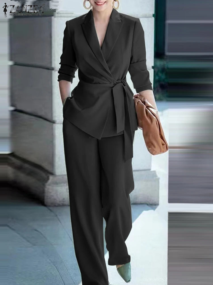 ZANZEA Elegant Office Lady Blazer Suits Women Classy Tied Waist Top and Pant 2pcs Outfit Streetwear Trend Commute Pant Sets 2025