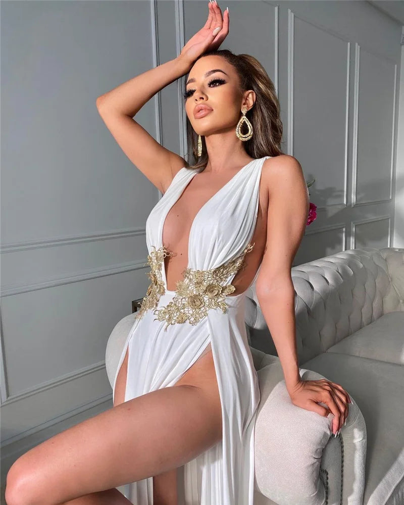 Sexy Deep V-neck Embroidery High Slit Maxi Dress Women Elegant Evening Wedding Sleeveless Backless Party Long Dresses Robe Femme