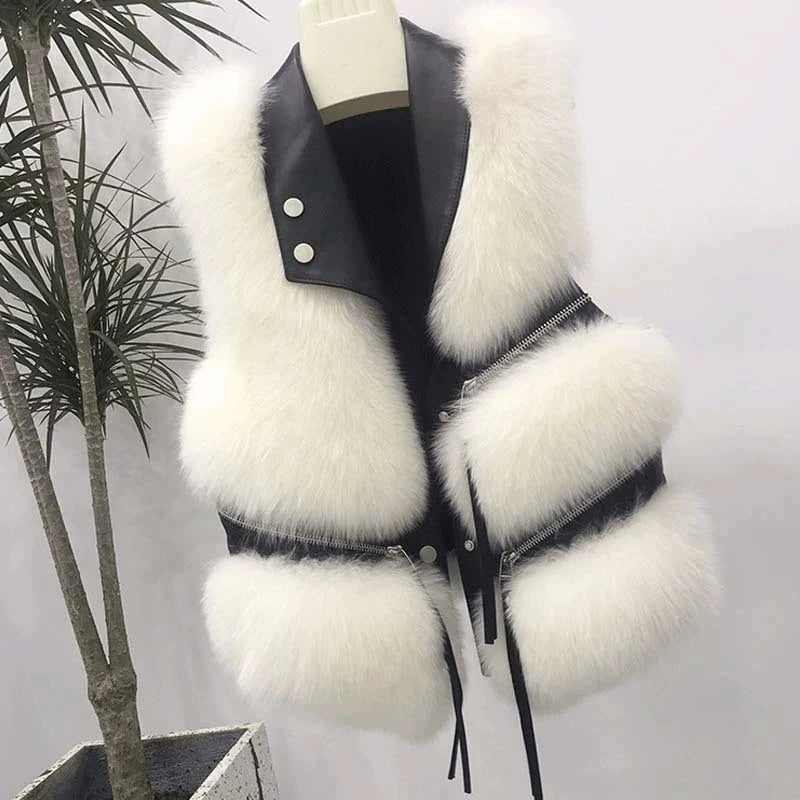 Autumn Winter Splicing Imitation Fox Fur Grass Vest Women Short Jacket 2025New Fashion Versatile Sleeveless Lady Waistcoat Coat
