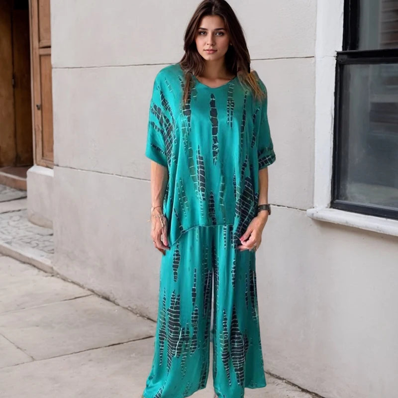 Vintage Women's Two Piece Set Outfits Fashion New Solid Print Loose Casual Round Neck Short Sleeve Top Wide Leg Long Pants Suit