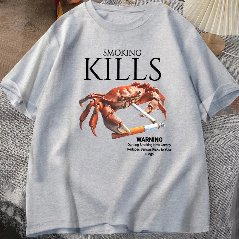Smoking Kills Crab T-shirt Out of Control Suspected Grotesque Style T-shirt Strange Pattern T-sleeve Baseball Shirt