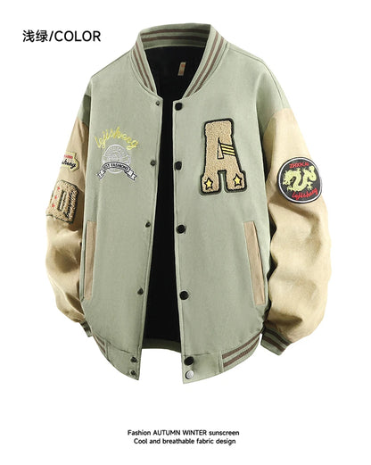Hip Hop Men's Suede Embroidered Varsity Jacket Color Block Letter Graphic Long Sleeve Baseball Jacket Bomber Coat