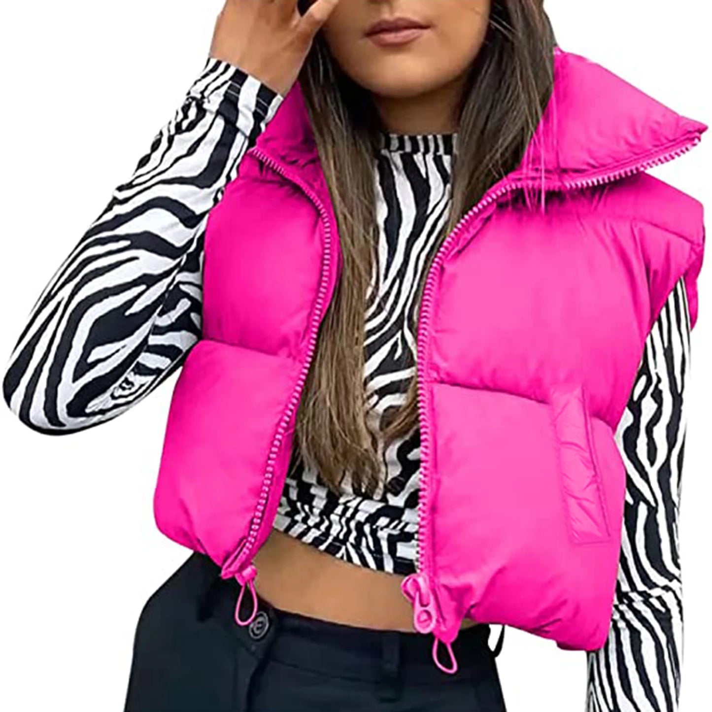Fall Winter Warm Cropped Vest Jackets for Women Fashion Sleeveless Stand Collar Zip Up Puffer Waistcoat Street Style Outwear