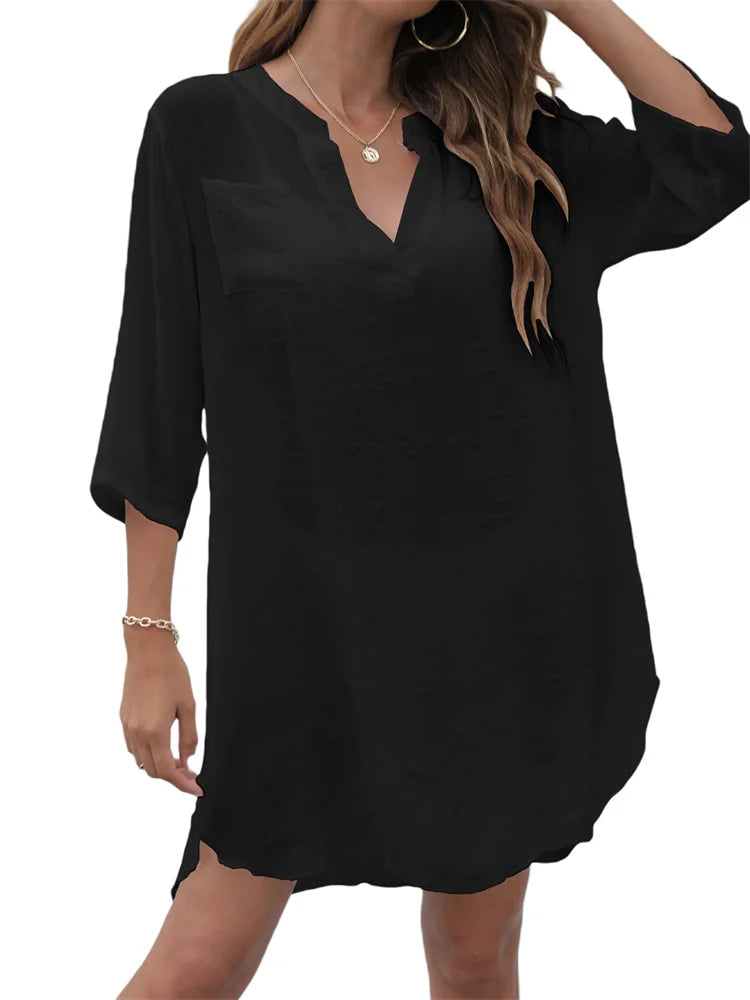 CHRONSTYLE Women Swimsuits Long Sleeve Shirts Mini Dress Bikinis Cover Ups Summer V Neck Solid Color Bathing Suit Cover Ups 2025