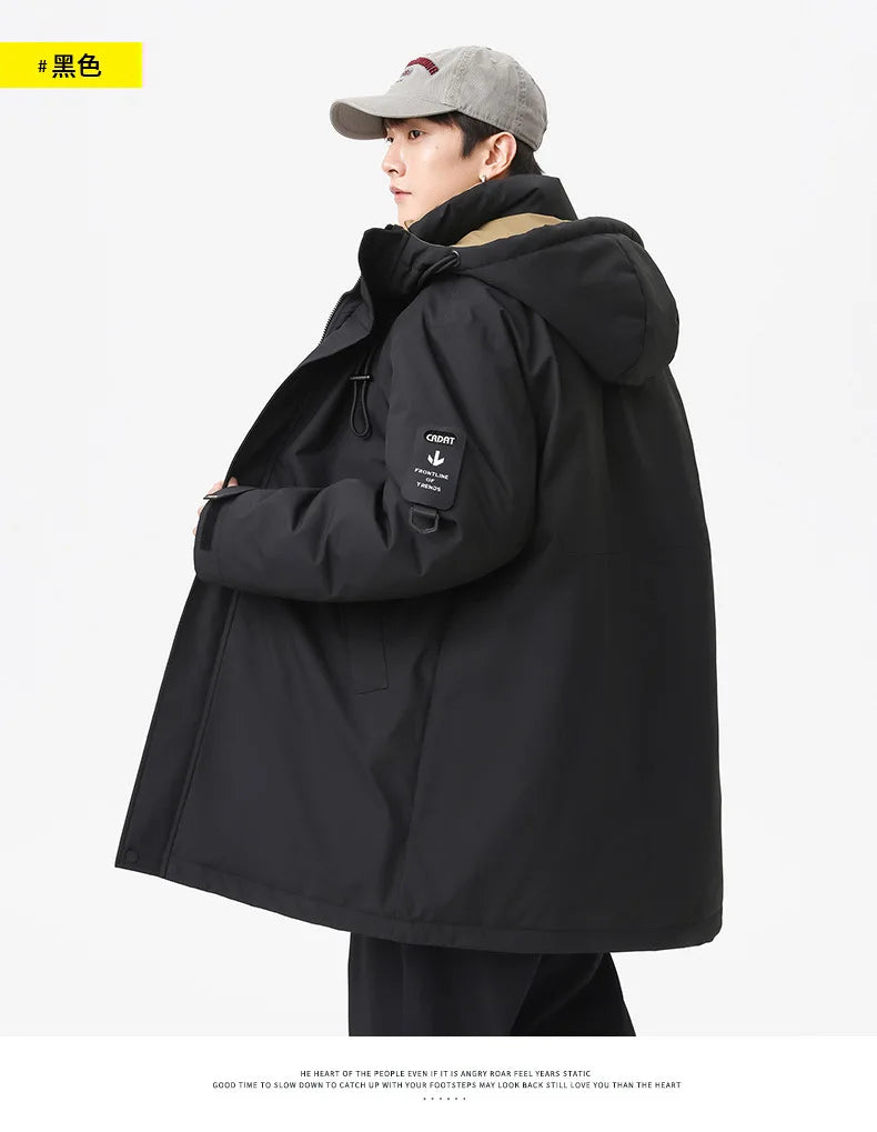 Winter new style cotton coat for men 2026 snap-closed hooded jacket neutral style mid-length workwear cotton coat for men