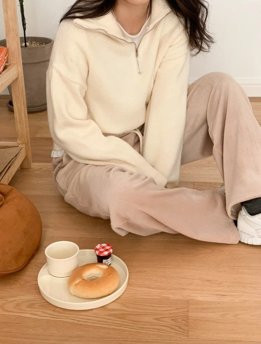 Women's Casual Loose Knitted Sweater Autumn Winter Chic Design Versatile f Zipper Stand Collar  Color Top