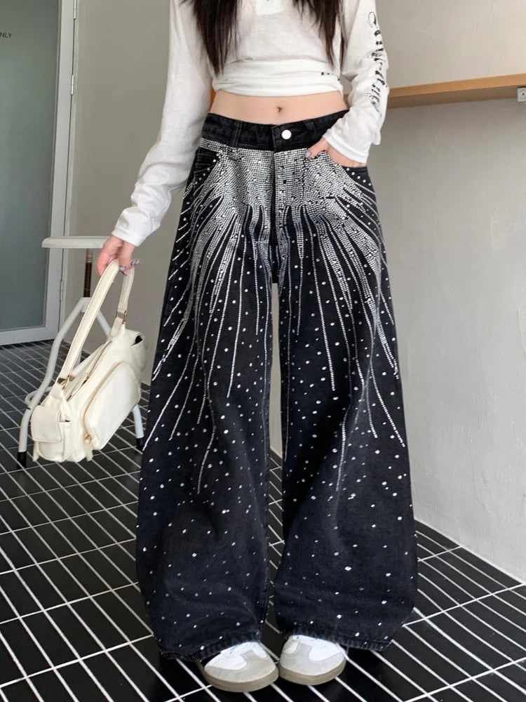 2025/2026 Ropa Y2K Style Baggy Hot Fix Rhinestone Baggy Stacked Jeans Pants For Women Clothing Wide Leg Luxury Gothic Lady Trousers