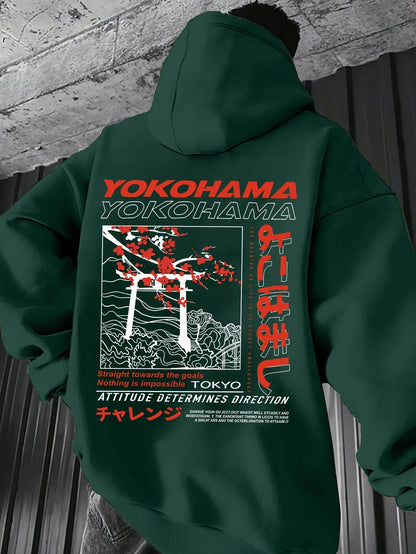 Men's autumn and winter casual fashion loose Tokyo pattern printed long sleeved hooded sweatshirt warm pullover