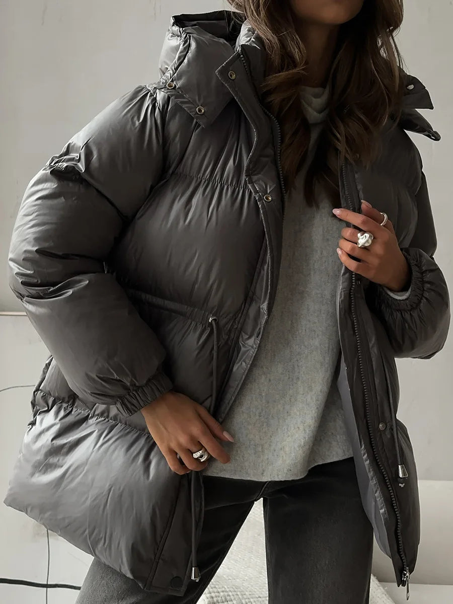 Bornladies Drawstring Slim Fit Cotton Jacket Women's  Winter New Hooded Zipper Cotton Robe Comfortable Warm Bread Jacket