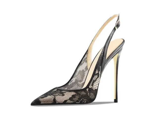 Black lace high-heeled sandals with pointed toes, thin heels, and shallow mouth, comfortable to wear with just one foot