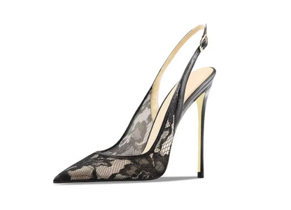 Black lace high-heeled sandals with pointed toes, thin heels, and shallow mouth, comfortable to wear with just one foot