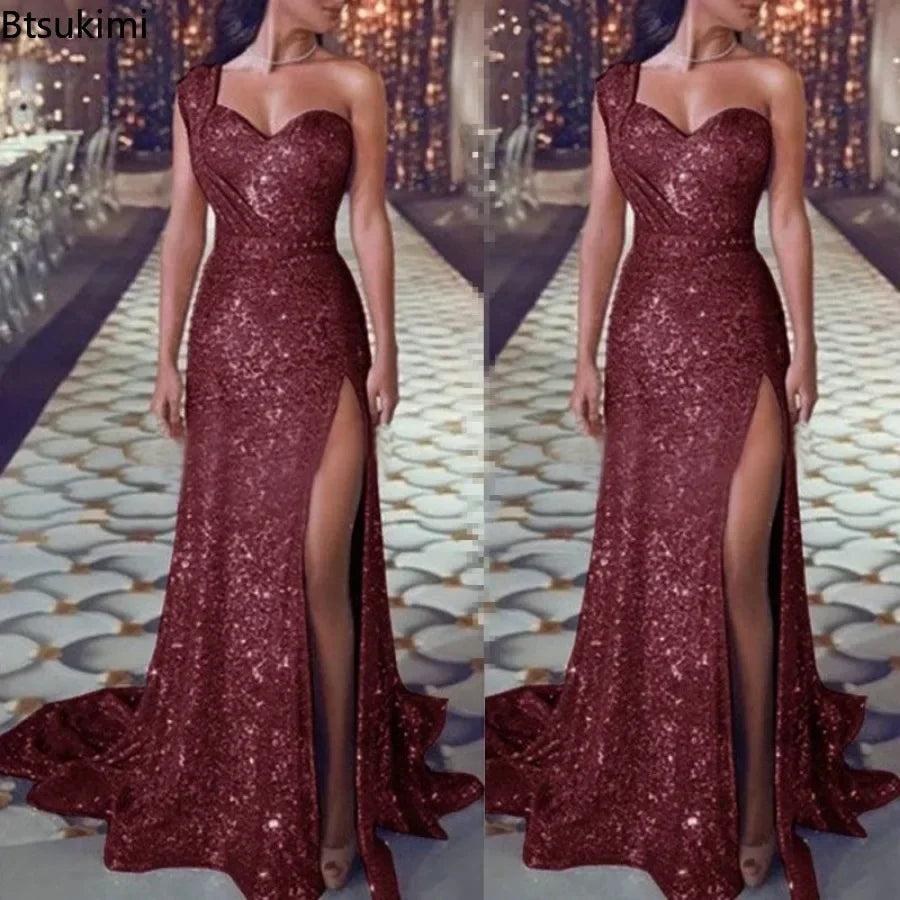 2025 Women's Wedding Party Dress Evening Elegant Sexy Deep V Neck One Shoulder Sleeveless Sequined Long Maxi Dresses For Women