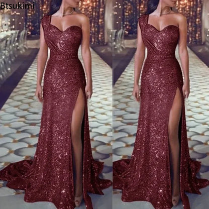2025 Women's Wedding Party Dress Evening Elegant Sexy Deep V Neck One Shoulder Sleeveless Sequined Long Maxi Dresses For Women