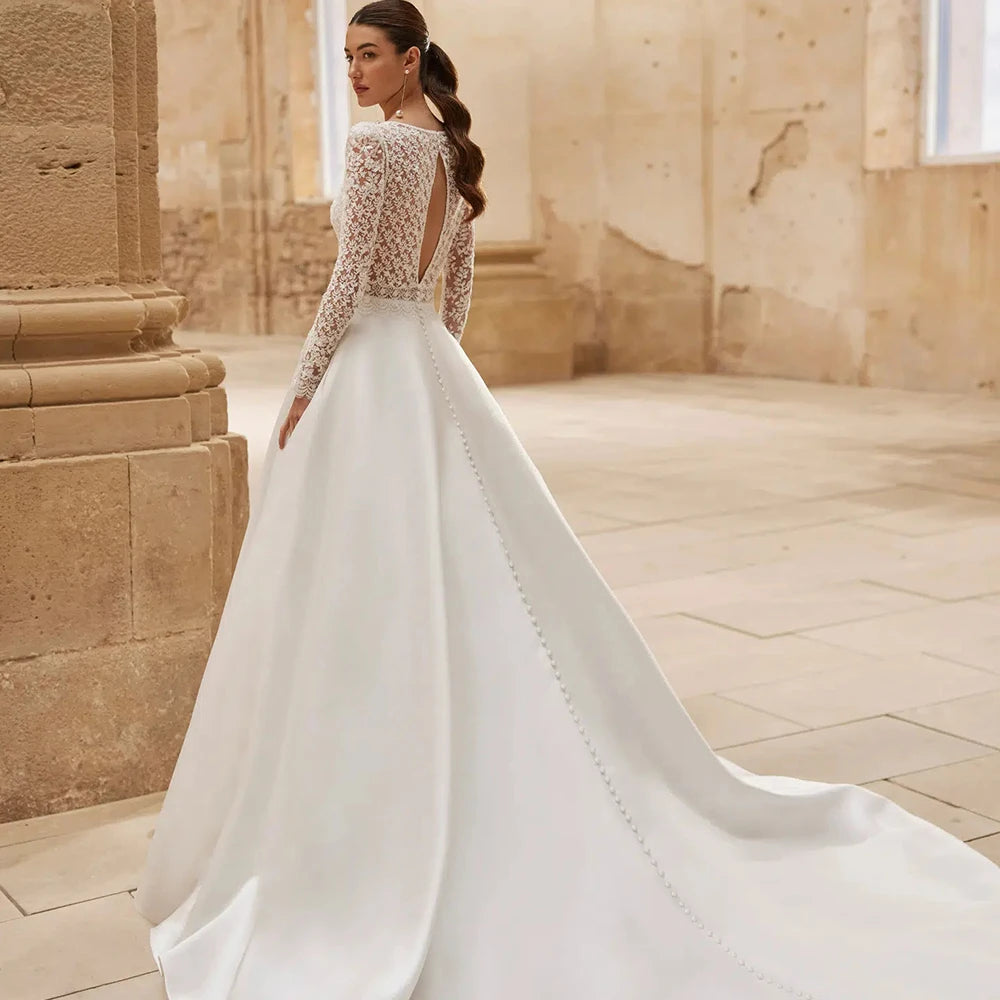 Customized Classic Wedding Dresses Woman's A Line Sexy Appliques Long Sleeve Boat Neck High Split Bride Gowns Formal Vestidos