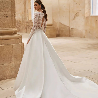 Customized Classic Wedding Dresses Woman's A Line Sexy Appliques Long Sleeve Boat Neck High Split Bride Gowns Formal Vestidos