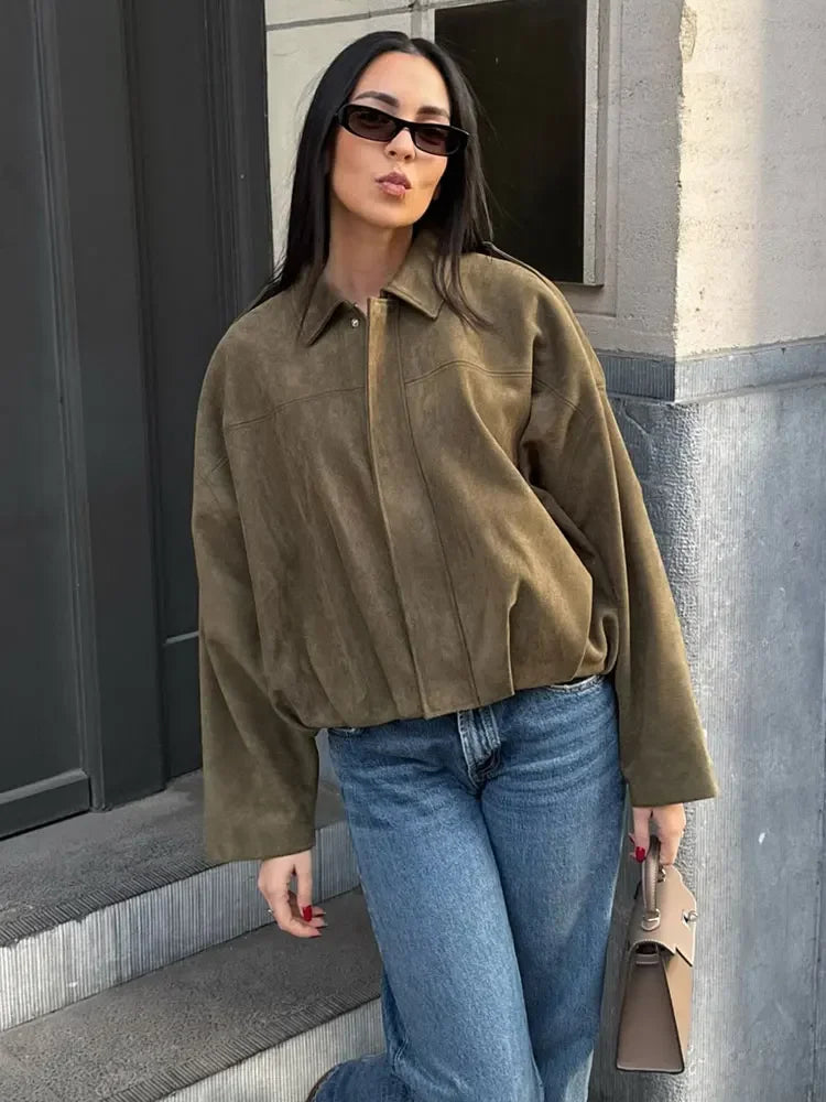 Women Brown Green Suede Jacket Loose Casual Bomber Coat Lapel Zipper Long Sleeve Jackets Vintage Lady Motorcycle Outwears