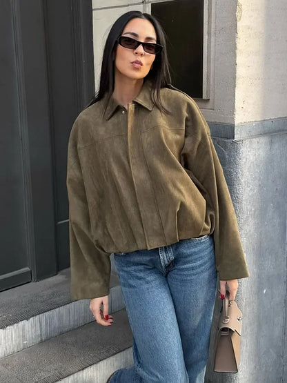 Women Brown Green Suede Jacket Loose Casual Bomber Coat Lapel Zipper Long Sleeve Jackets Vintage Lady Motorcycle Outwears