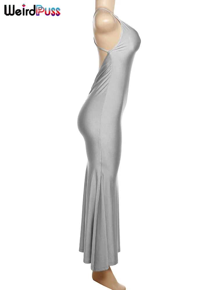 Weird Puss Sexy Backless Women Evening Maxi Dress Folds V-Neck Sleeveless Coquette Elegant Mermaid Matching Banquet Prom Bodycon