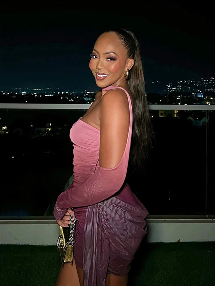 Nibber Summer Vacation Sexy See Through Dress+Shawl Women Ruched Side Ribbon Coquette Skinny Midnight Clubwear Party Bodycon