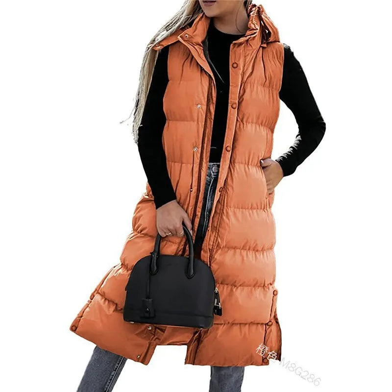 Women Solid Loose Zip Cardigan Parkas 2023 Autumn Winter Parkas Vest Coat Women Sleeveless Hooded Single Breasted Long Vest Coat