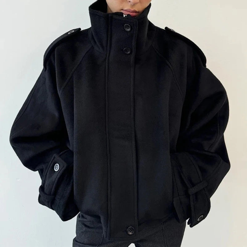 Casual Solid Loose Jackets Women Fashion Full Sleeve Single Breasted Stand Collar Short Coats Female 2025 Autumn Lady Outwears