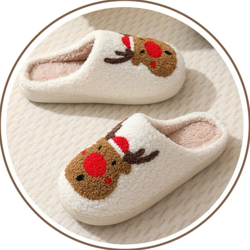 Christmas Elk Warm Cotton Slippers Women Winter Comfortable Home Slides Cute Furry Reindeer Warm Plush Sandals for Men Women