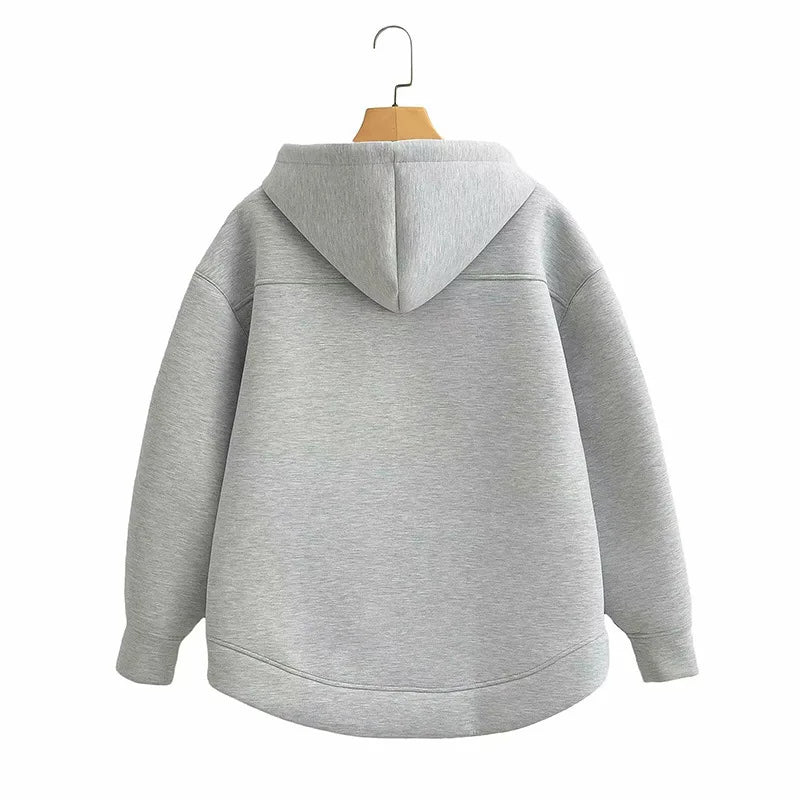 Autumn Women Gray Jacket with Hood Long Sleeve Big Pocket Zipper Jacket Coat Woman Loose Casual Outerwear Coat Tops
