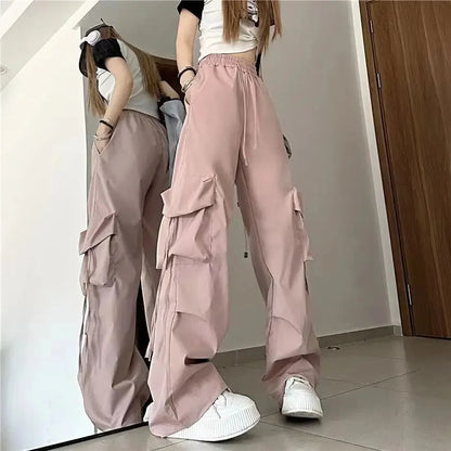 Loose Wide Leg Casual Pants Women's Workwear Trousers with Big Pockets Vintage Long Pants High Street Trend New 2025