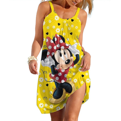 2025 Disney Minnie Dresses for Women Soft Women's Beach Dresses Summer Fashion Sling Print Sexy Skinny Seaside Casual Oversize