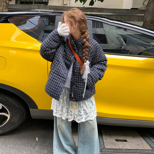 MEXZT Short Plaid Parkas Women Streetwear Stand Collar Puffer Jacket Winter Korean Down Coats Fashion Cotton Padded Outerwears