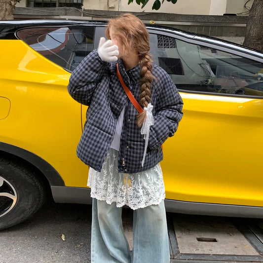 MEXZT Short Plaid Parkas Women Streetwear Stand Collar Puffer Jacket Winter Korean Down Coats Fashion Cotton Padded Outerwears