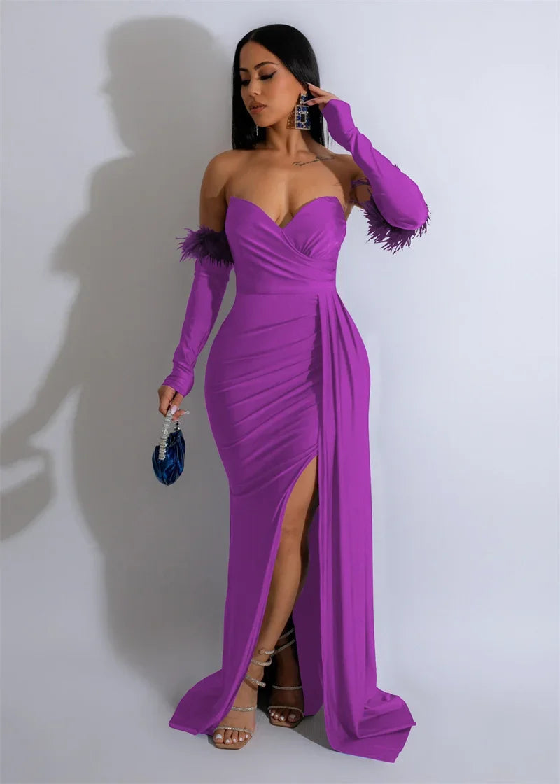 Sexy Off Shoulder Strapless Evening Long Dresses Women Elegant Party Formal Mermaid Wedding Dinner Guest Dress with Oversleeve