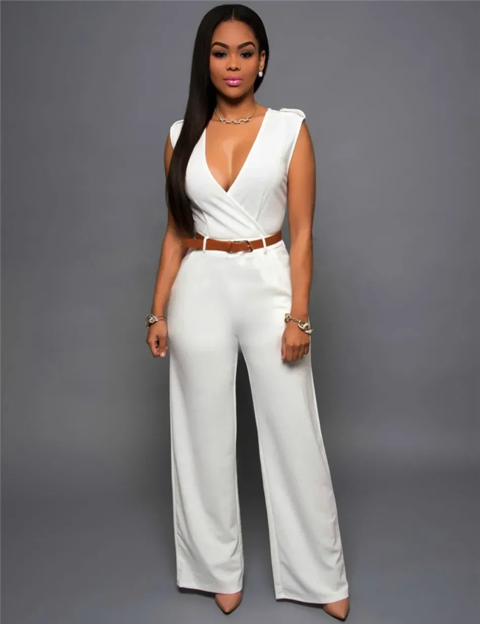Business Formal Jumpsuit Work Wear Women Romper Elegant Long Deep V Neck Sleeveless High Waist Wrap Jumpsuits Fashion Streetwear