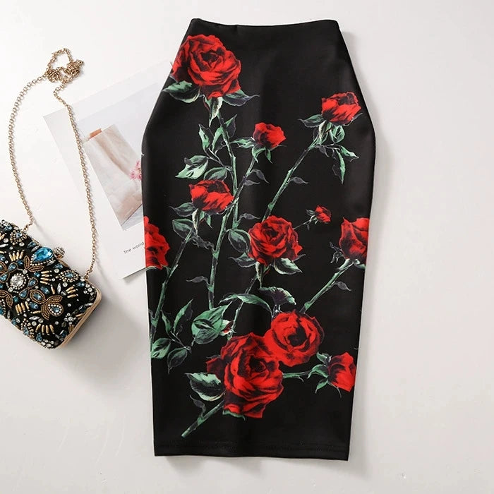 Women Vintage Flower Print Bodycon Skirt Slim Midi Sexy Elegant Pencil Skirt Bag Hip Bandage Skirt Hip Wrap Lolita Short Skirt