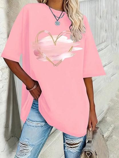 Plus size women's new pink heart-shaped elegant printed T-shirt   spring and summer leisure round neck short sleeve top