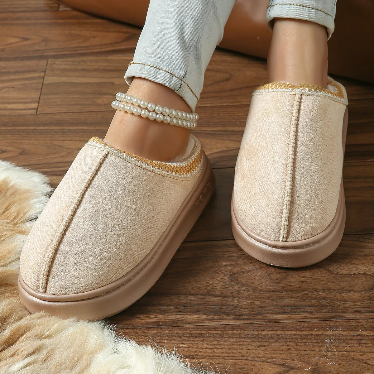 Pantoufles D'hiver Chaudes Pour Femmes, Intérieur En Peluche, Semelle Épaisse Antidérapante, Chaussures De Maison Chaudes Brodée