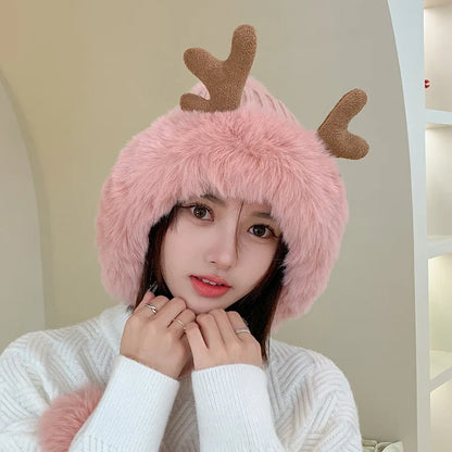 Knitted Hat Beanie Winter Warm Fleece Lined Reindeer Antlers Korean Style Cute Christmas Party Women Girls Thickened Thermal