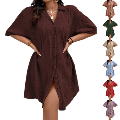 New Women'S Fashion Casual Solid Color Buttoned Mid-Length Short Sleeve Loose Dress Vestidos Para Mujer Ropa De Mujer 신상원피스