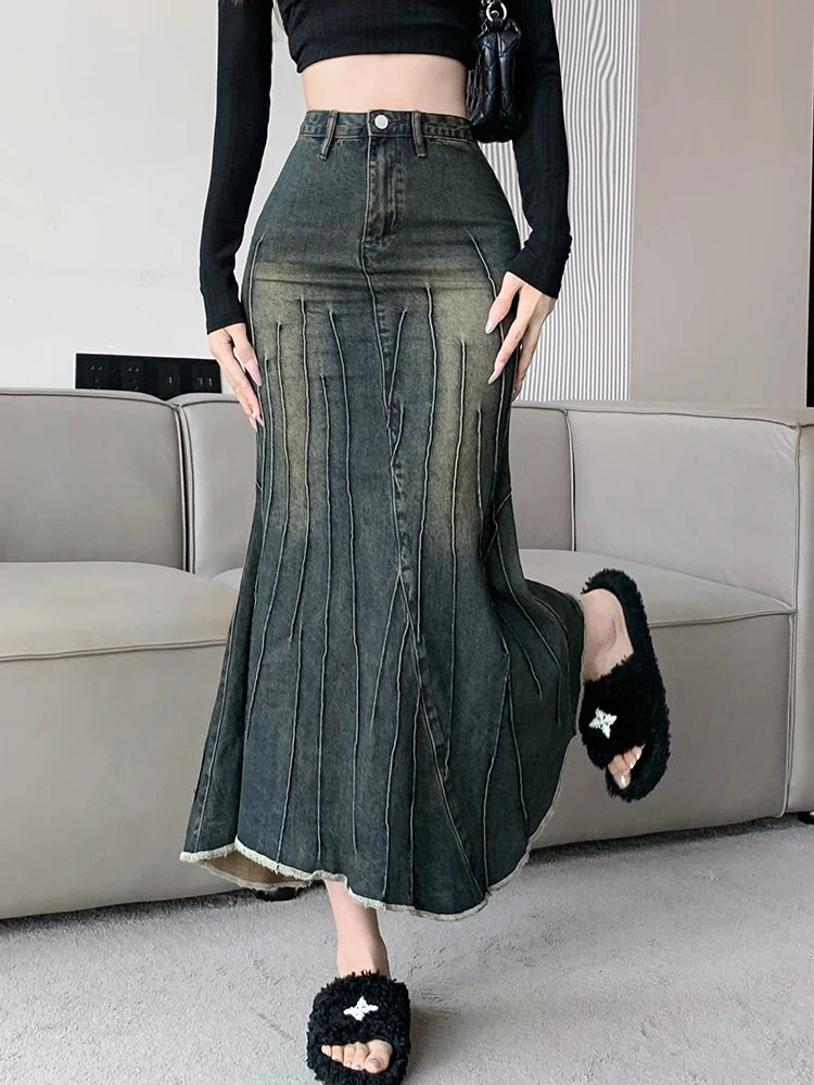 Vintage Ripped Women Mermaid Skirt 2026 New Fashion Y2K Streetwear Jeans Skirts Female Retro Casual Irregular Hip Skirts Denim