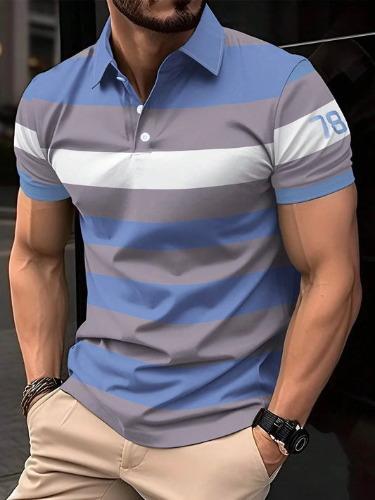 2025 New Men's Summer Short Clothes Sleeved Lapel 3D Digital Printed Striped Polo Shirt Men's Business Casual Top Clothes