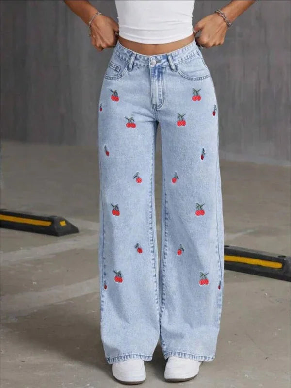 Denim Wide Leg Pants Women Jeans Embroidery High Waist Distressed Washed Mom Pockets Vintage Floor Length Trousers Streetwear